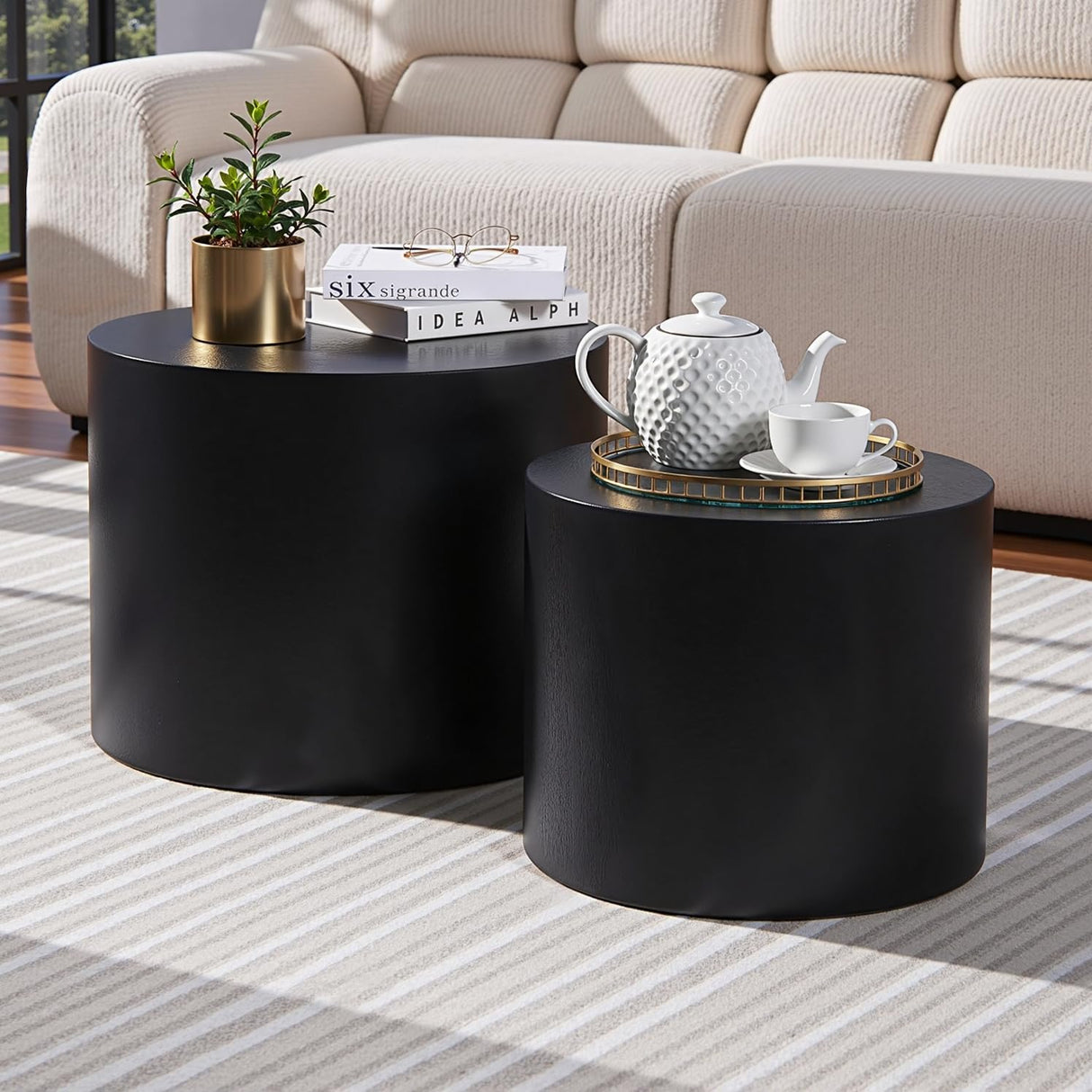 Nesting Coffee Table Set of 2, Modern Round Coffee Table with Non-Slip Feet, Wooden Circle Accent Tables for Small Spaces Living Room Bedroom Balcony Office Drum Side Table (Black) ivoros