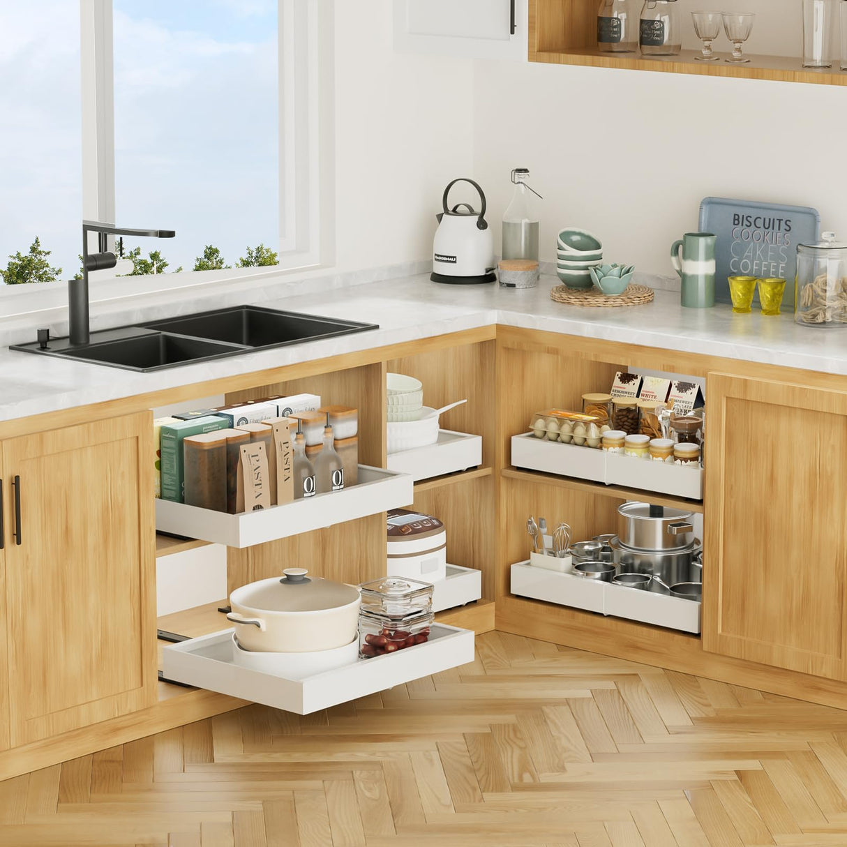 2 Pack 16.5" Deep Pull Out Cabinet Organizer, Upgrade 3 Slide Rails Slide Out Drawers for Kitchen Cabinets, Adjustable Width (12.2"-20.4") Pull Out Drawers for Frameless Cabinets lockincar