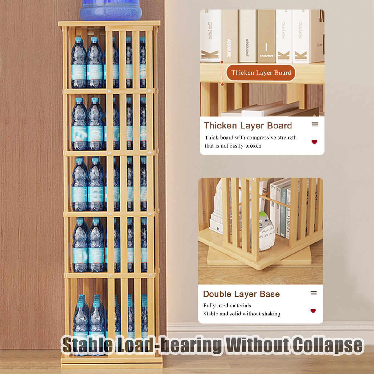 SUZEPER 360° Rotating Bamboo Bookshelf Tower – 5 Tier Floor Standing Storage Rack in Tan SUZEPER