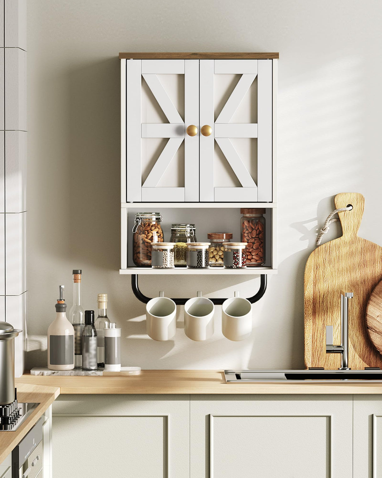 CHOEZON Bathroom Wall Cabinet, Medicine Cabinet with Open Partition and Towel Bar, Rustic Storage Cabinet with Open and Hidden Storage Space, for Bathroom, Living Room, Kitchen, White and Walnut CHOEZON