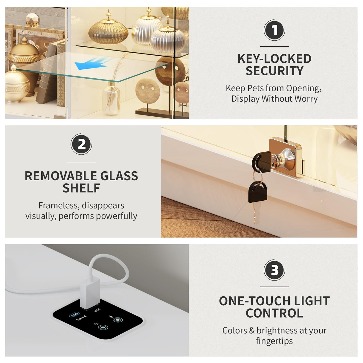 HNEBC Lockable Display Curio Cabinet with Glass Door,47.2" W Glass Display Cabinet with 3 Color Lights for Collectibles,5-Tier Lighted Display Case with Human Sensor,Living Room,White HNEBC