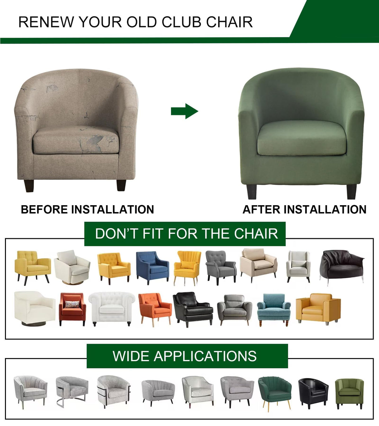 CRFATOP 2 Piece Club Chair Slipcover Stretch Barrel Chair Covers Solid Tub Chair Slipcovers Soft Armchair Covers Removable Furniture Protector Arm Chair Cover for Living Room,Green CRFATOP