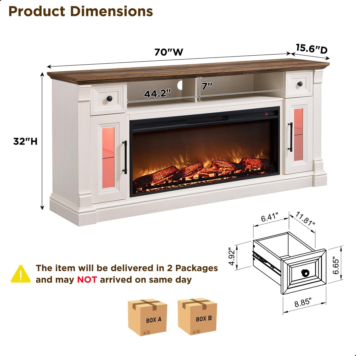 OKD Fireplace TV Stand for 80 Inch TV - Farmhouse Entertainment Center with 42" Electric Fireplace & LED Lights, Wood Media Console with Storage Drawers & Cabinets for Living Room, Antique White OKD