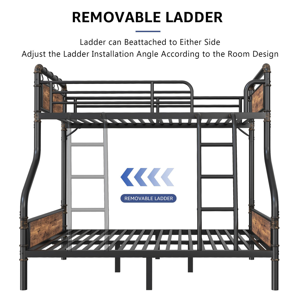 Bunk Bed Twin Over Full, Heavy Duty Metal Bunkbeds with Ladder and Full-Length Guardrail, Convertible into 2 Individual Beds for Kids, Teens and Adults, Under-Bed Storage Space, Vintage Brown Jocoevol