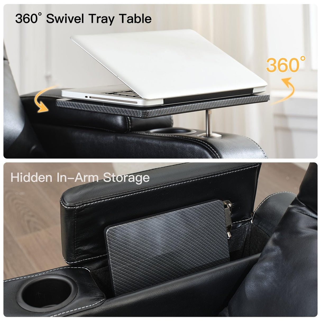 Electric Power Recliner Chair with LED Lights, Home Theater Seating with Swivel Tray Table, Faux Leather Recline Single Sofa Chair for Living Room with Hidden Arm Storage, Cup Holders, Black, 1 Piece Comfort Stretch