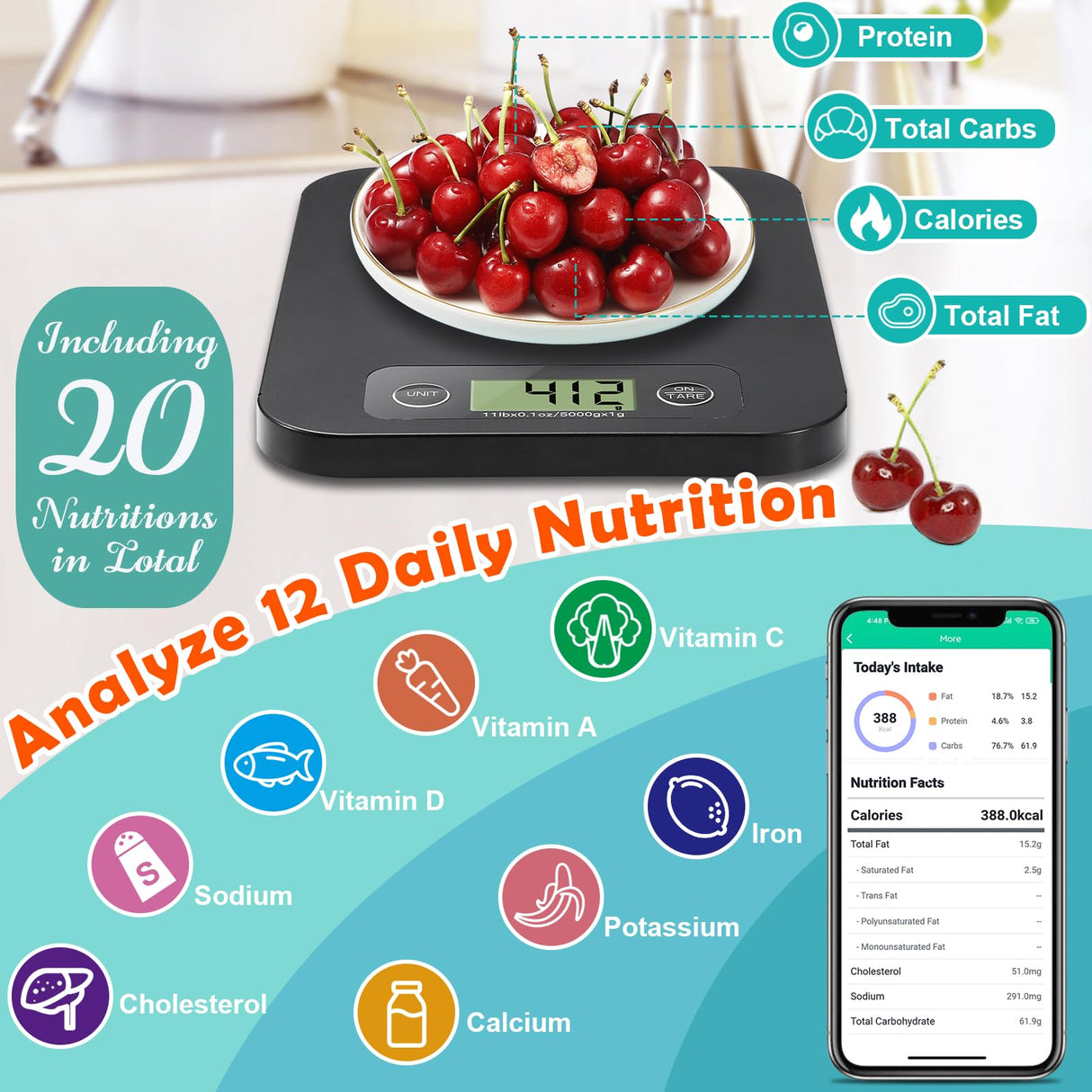 URAMAZ Smart Digital Food Scale for Weight Loss, Kitchen Food Scale Grams and Ounces with Nutritional Calculator, Food Weight Scale for Diet, Keto, Macro, Calorie, Cooking, Meal Prep 0.1oz/11lb URAMAZ