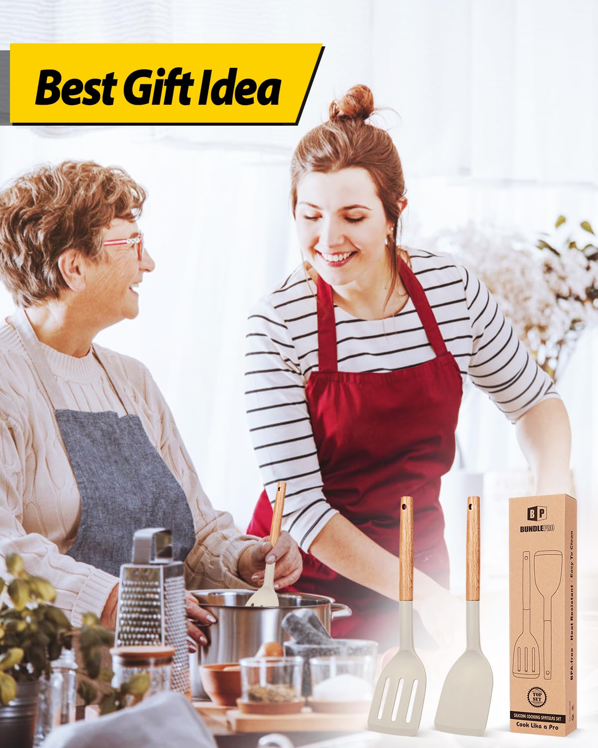 Pack of 2 Silicone Cooking Spatula, Heat Resistant Solid Turner, Non Stick Slotted Spatulas with Wooden Short Handle,Ideal Wood Kitchen Utensils Set for Frying, Baking, Flipping, Turning BUNDLEPRO