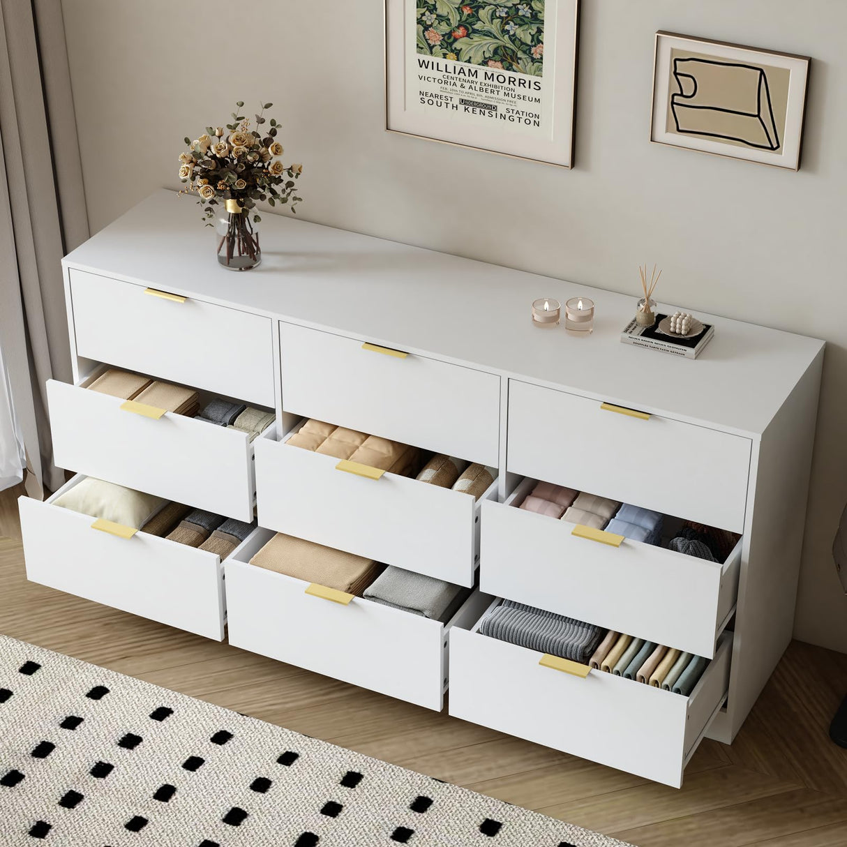 UZUGUL White 9 Drawer Dresser with Gold Handle for Bedroom,Modern Large Deep Drawer Dresser,Long Chest of Drawer for Bedroom,Storage Organizer Furniture for Closet,Hallway UZUGUL