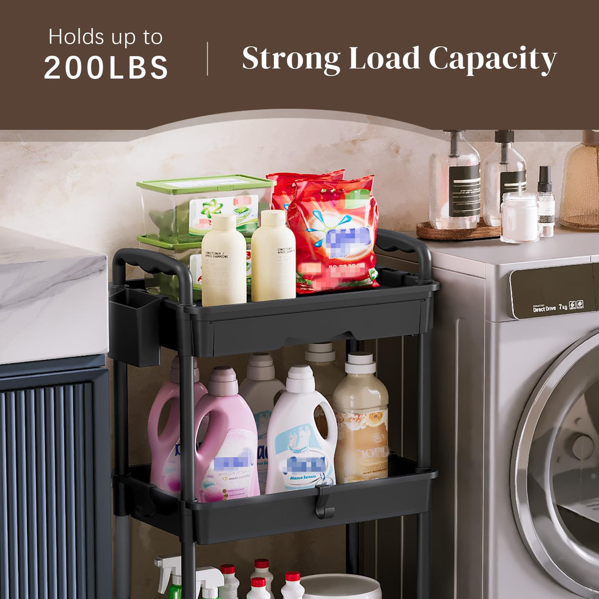 EaseSky Rolling Utility Cart with Drawer 3 Tier, Utility Storage Organizer with Plastic Shelf & Lockable Wheels Multifunctional Storage Cart for Kitchen, Bathroom, Office, Living Room, Black EaseSky