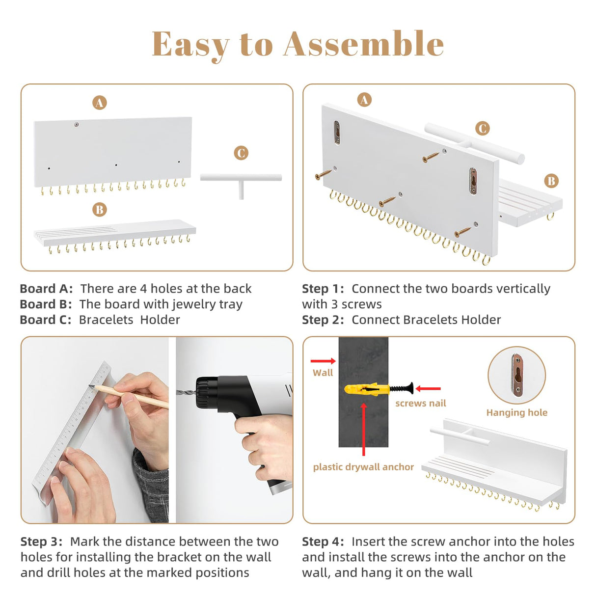 HappyHapi Hanging Jewelry Organizer Necklace Organizer Jewelry Hanger with 36 Hooks,Wall Mounted Jewelry Organizer for Necklace Earrings and Rings (White) HappyHapi