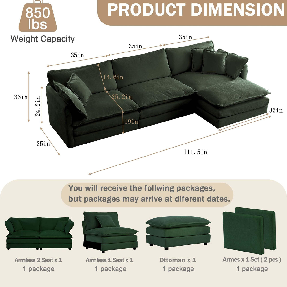 Ravy Concept 111.57" Modular Sectional Couch with L Shaped Chaise, Modern Couch for Living Room, Sofa in A Box, Oversized Sofa Sleeper with Deep Seat, Green Ravy Concept