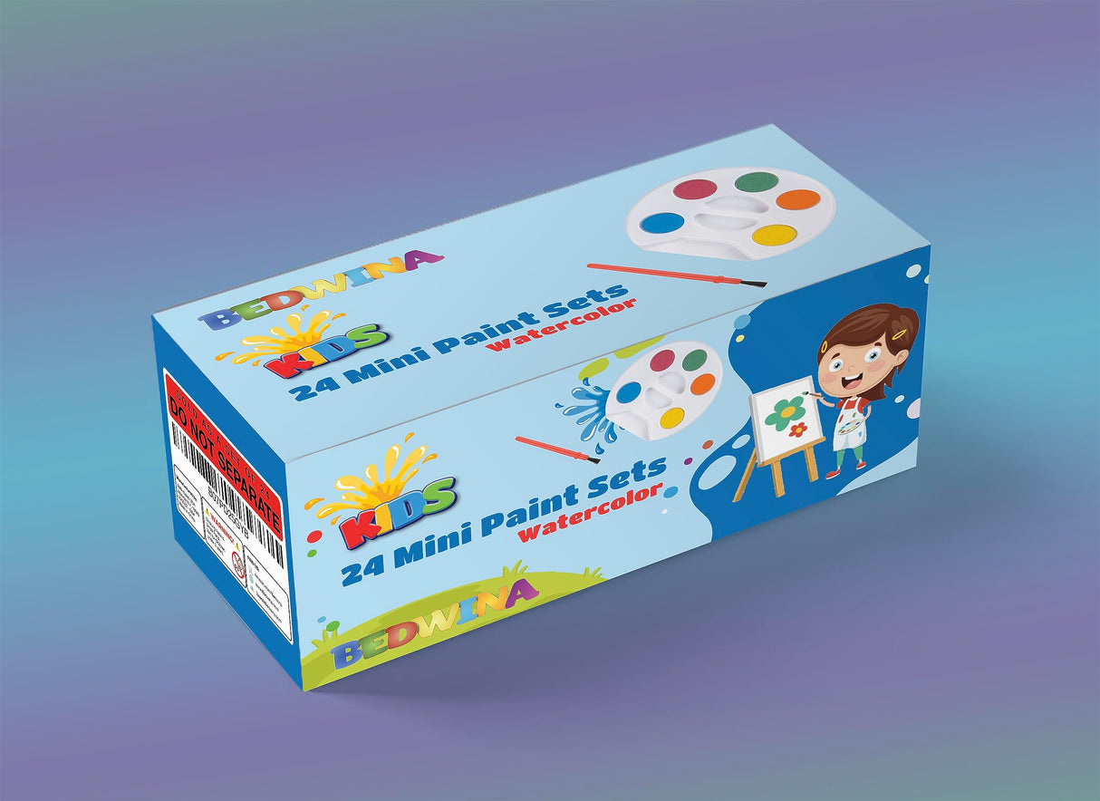 Bedwina Mini Watercolor Kids Paint Set - (Bulk Pack of 24) - 5 Watercolor Paints, Palette Tray and Painting Brush, for Art Party Favors and Paint Party Supplies Bedwina