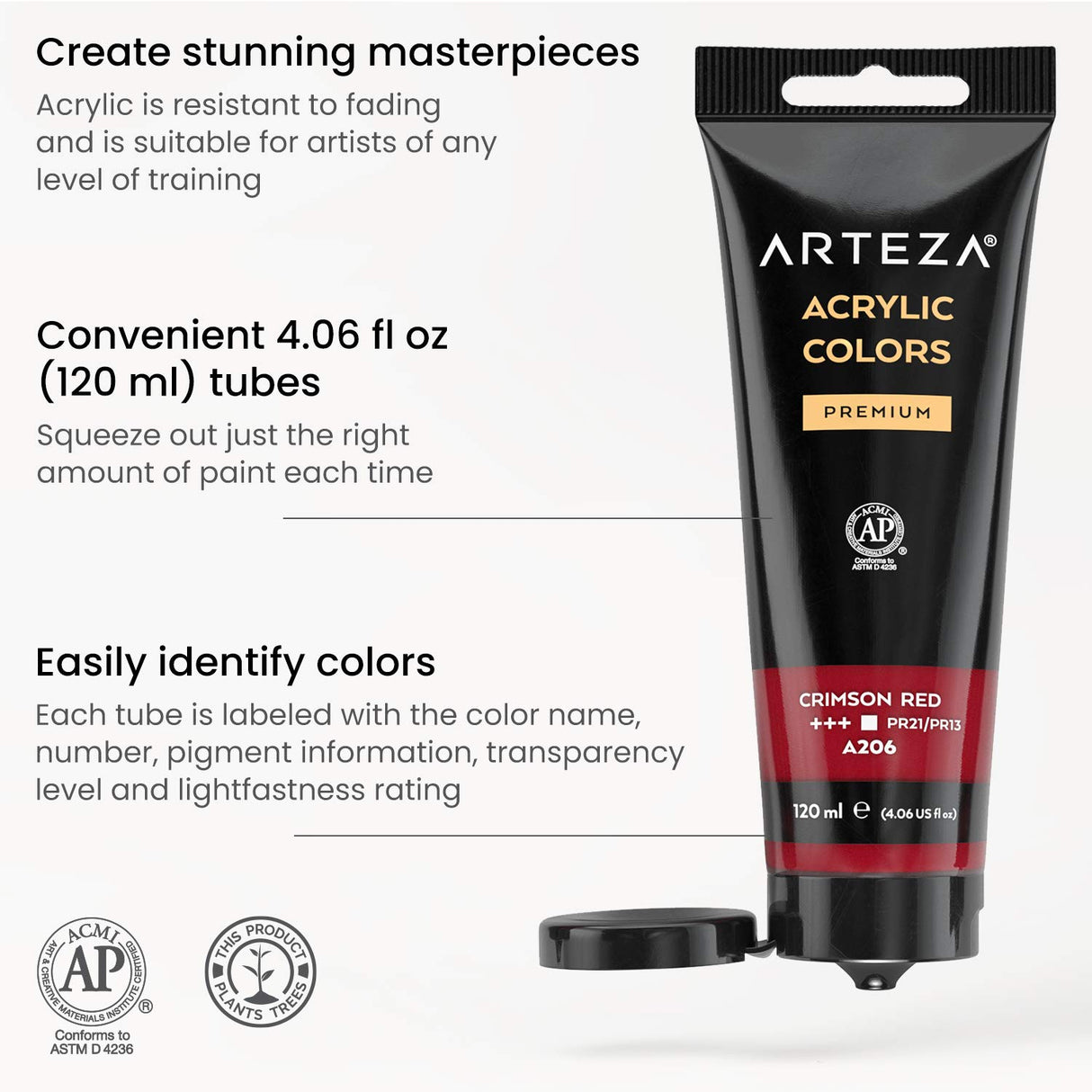 ARTEZA Acrylic Paint Set of 14 Colors, 4.06 Ounce Tubes, Non-Toxic Acrylic Artist Paints. Art Supplies for Painting ARTEZA