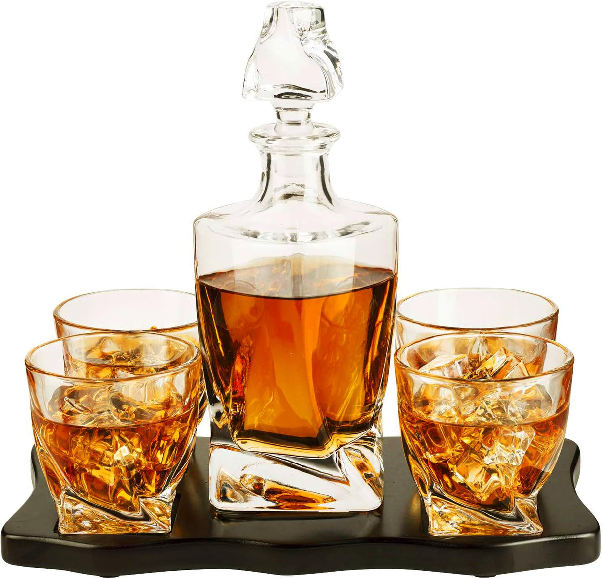 Whiskey Decanter & Glasses Crystal Set, Italian Crafted 5 Piece European Style Wine & Whiskey 855ml, With Wood Sophisticated Tray Set - Spirits, Scotch, & Bourbon Whiskey Glassware The Wine Savant
