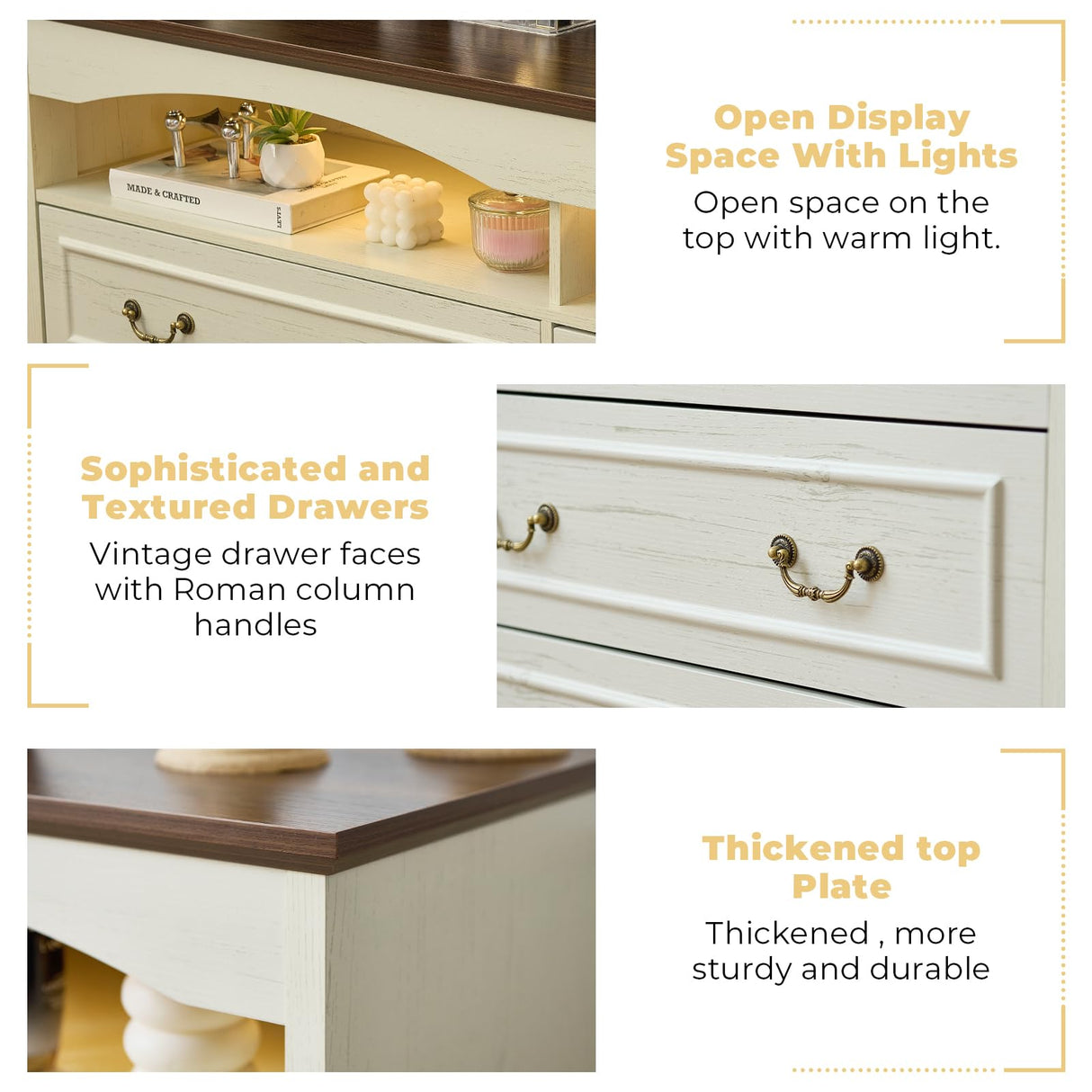 JanflyHome Vintage 6 Dresser for Bedroom, Farmhouse 6 Drawers Dresser with Open Shelves and LED Lights, 55" Wide Wood Rustic Chest of Drawers for Living Room, Hallway, Antique White JanflyHome