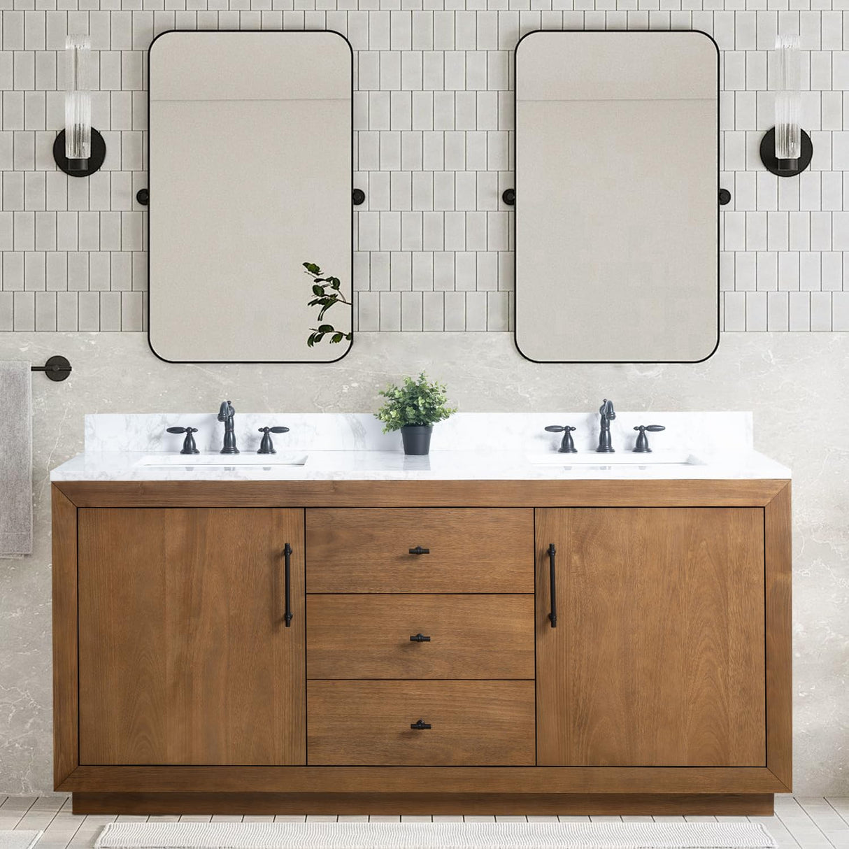 Vanity Art 72 inch Double Sink Bathroom Vanity, Modern Wood Bath Vanity with Carrara Marble Top, Vanity Cabinet with Doors, Removable Shelf, Solid Wood Frame, Tan, VA7072DE Vanity Art
