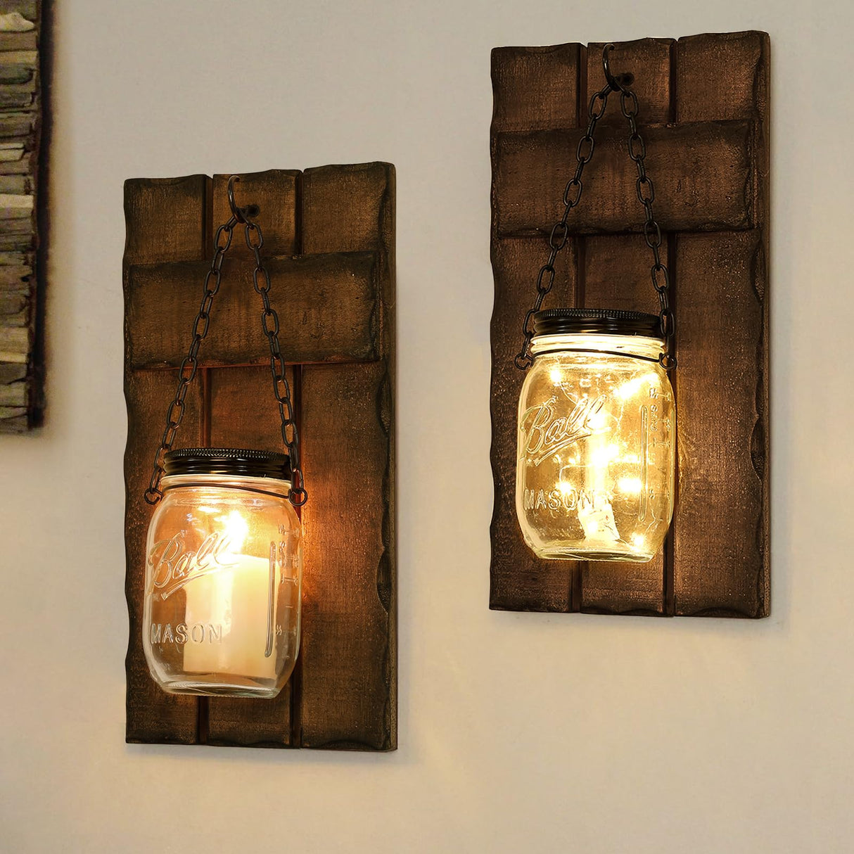 Iowuee Wall Candle Sconces Set of 2, Wall Candle Holder Rustic Home Decor, Farmhouse Wall Mounted Wooden Candle Holders with Lights, Wall Decorations for Bedroom, Living Room, Kitchen, Bathroom Iowuee