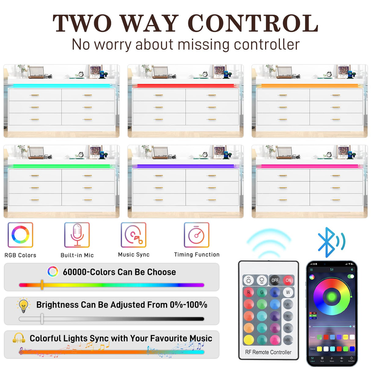 Hlivelood 6 Drawer Dresser with LED Light and Charging Station, 59" Modern Chest of Drawers for Closet, Wide Drawer Organizer Cabinet for Bedroom, Living Room, Entryway, Hallway, White Hlivelood