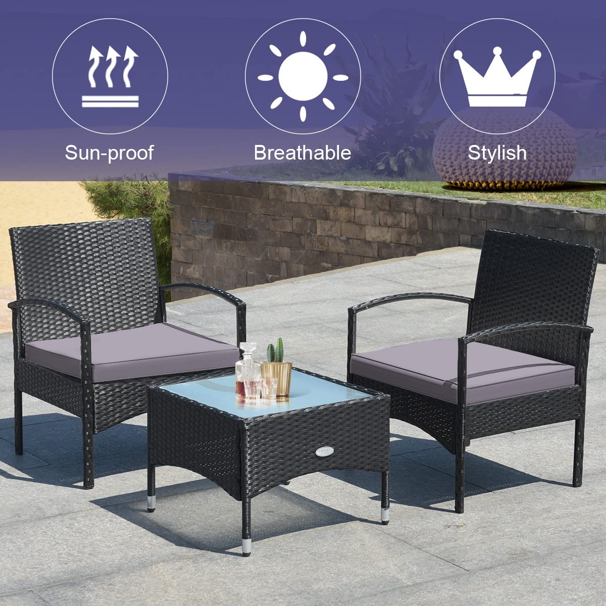 COSTWAY 3 PCS Patio Wicker Conversation Set, PE Rattan Sofa with Tempered Glass Coffee Table, 2 Chairs, 2 Cushions, Outdoor Patio Furniture Set for Yard Porch Bistro Balcony Backyard Pool, Grey COSTWAY