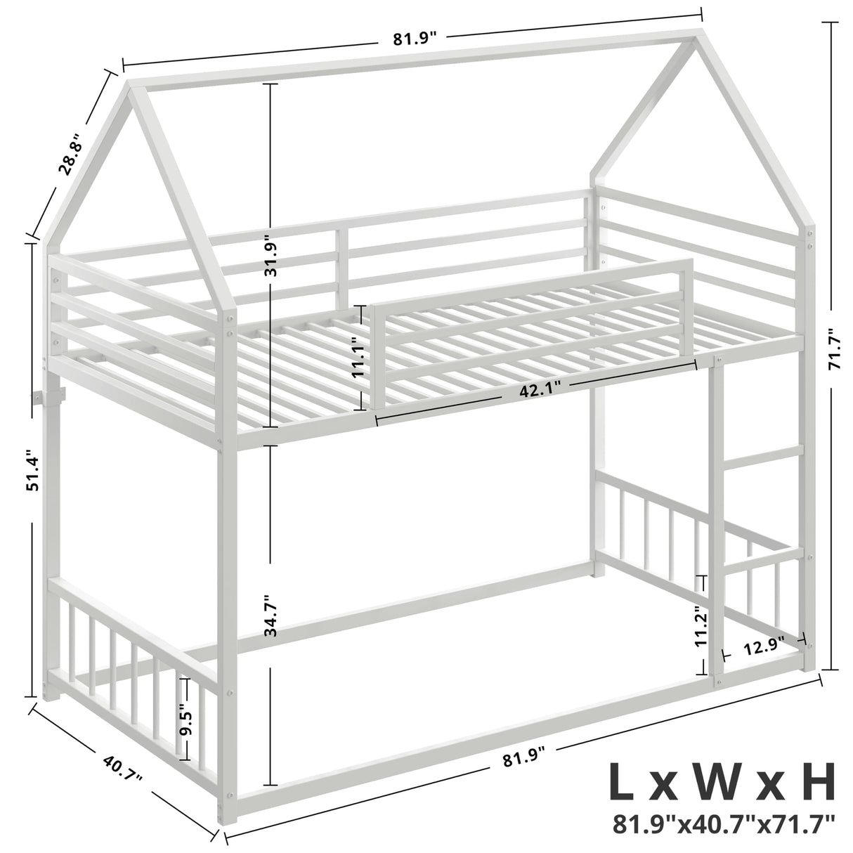 LIKIMIO Bunk Bed Twin XL Over Twin XL, Metal Bunk Bed Frame with Ladder and Guardrail, House Shaped with Metal Slats for Dormitory and Bedroom, Space Saving, No Box Spring Needed, White LIKIMIO