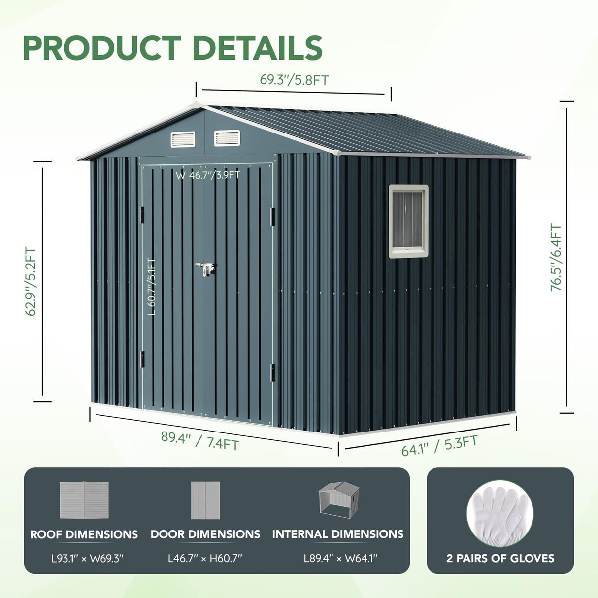 MistMo 6X8X6.4FT Outdoor Steel Storage Shed with Lockable Doors, One Clear Window,Ideal for Garden, Backyard, Patio Storage Mistmo