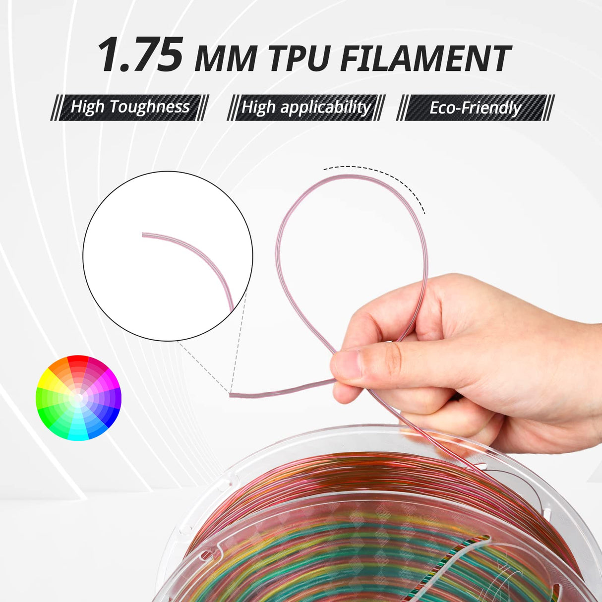 AMOLEN TPU 3D Printer Filament, Transparent Multicolor Rainbow TPU 1.75mm, Color Change Flexible Soft TPU 3D Printing Filament Supports High Speed, 1kg Spool(2.2lbs) AMOLEN