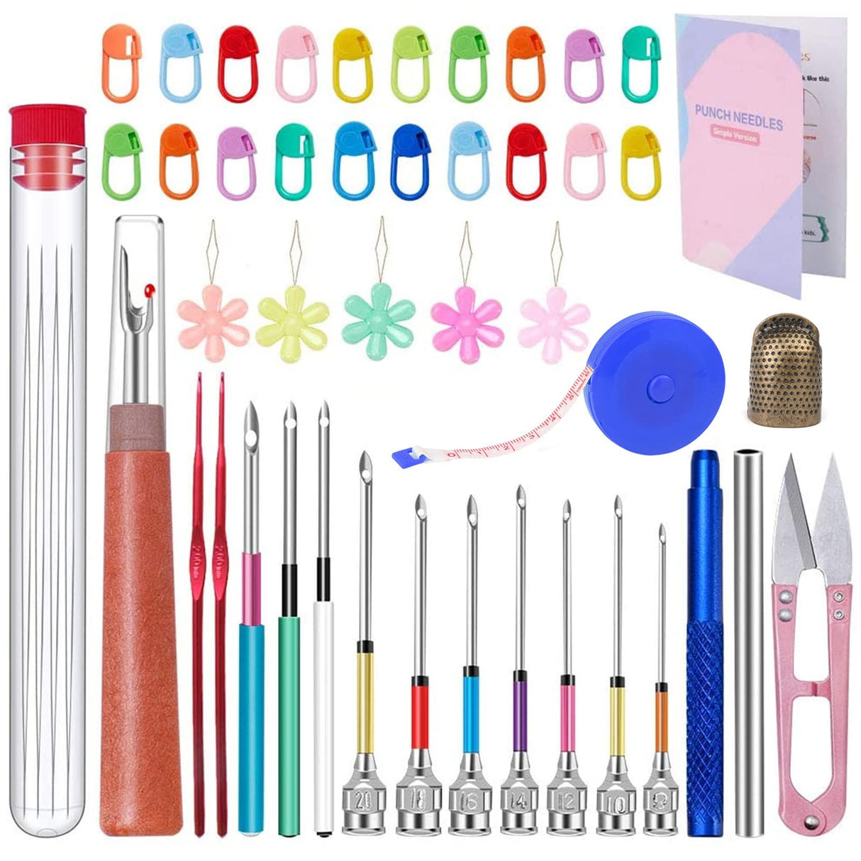 Punch Needle, 43 Pieces Punch Needle Tool and Instructions - Punch Needle Embroidery Kit with Embroidery Tools, Seam Ripper, Threader and Thimble, Needle Punch Kits for Beginners JNENERY