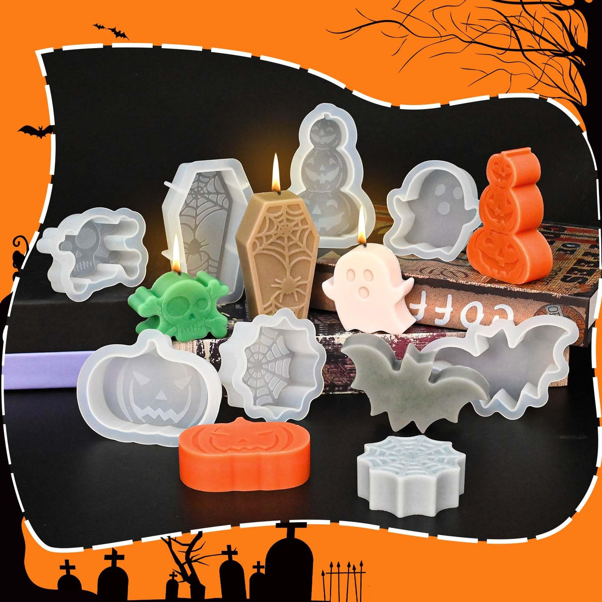 ZQYSING 7 Pack Halloween Candle Molds for Candle Making, Various Shapes Skull Spider Web Pumpkin Ghosts Bat Coffin Molds for Candles Wax Soap Clay Plaster Epoxy Resin Home Party Decorations ZQYSING