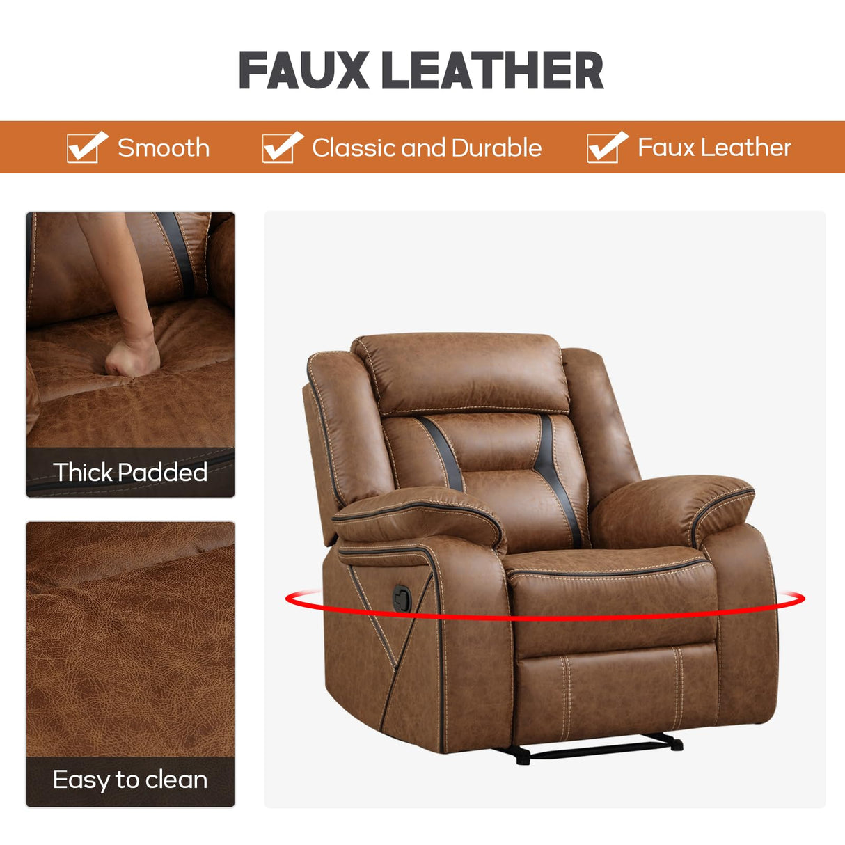 EBELLO Faux Leather Recliner Sofa Furniture Set for Living Room, Recliner Chair, Manual Loveseat, 3 Seat Recliniing Sofa Couch Set for Meeting Room, Brown (Recliner+Loveseat+Sofa) EBELLO