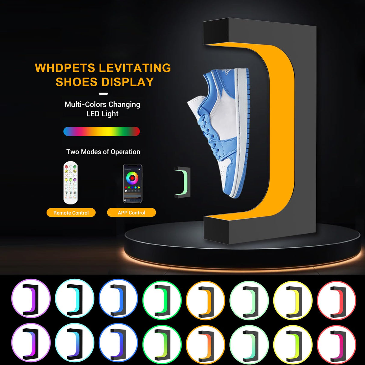 Levitating Sneaker Display, Magnetic Floating Shoe Display Stand with 360° Auto Rotation & LED Light, Levitation Sneaker Holder Rack for Shoes Collector/Advertising Exhibition/Home Decoration, Black WHDPETS