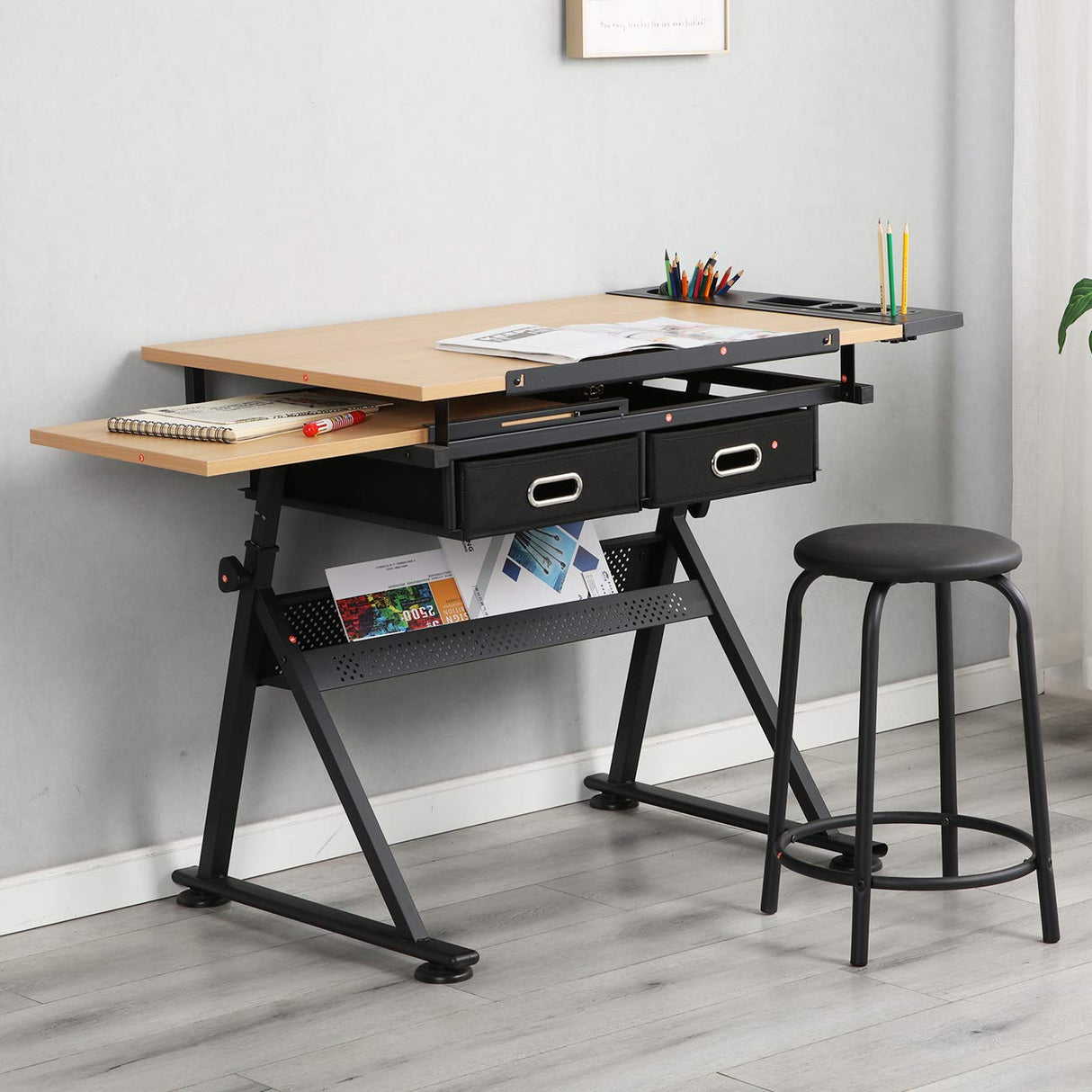 SogesGame Height Adjustable Drafting Table Painting Table Drawing Table Art Craft Desk with Stool Artist Desk Tilting Tabletop Sketching Desk with Stool and Drawers for Home Office SogesGame