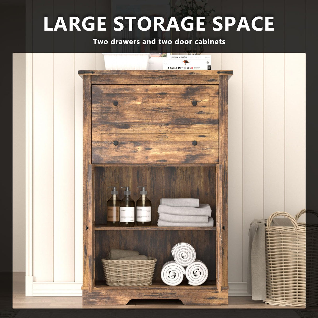 oneinmil Farmhouse Dresser with 2 Drawers, Tall Chest of Drawers Organizer, Rustic Tall Dresser 2 Chest of Drawers, Storage Organizer Dresser for Bedroom, Hallway, Living Room, Kids Room, Brown oneinmil