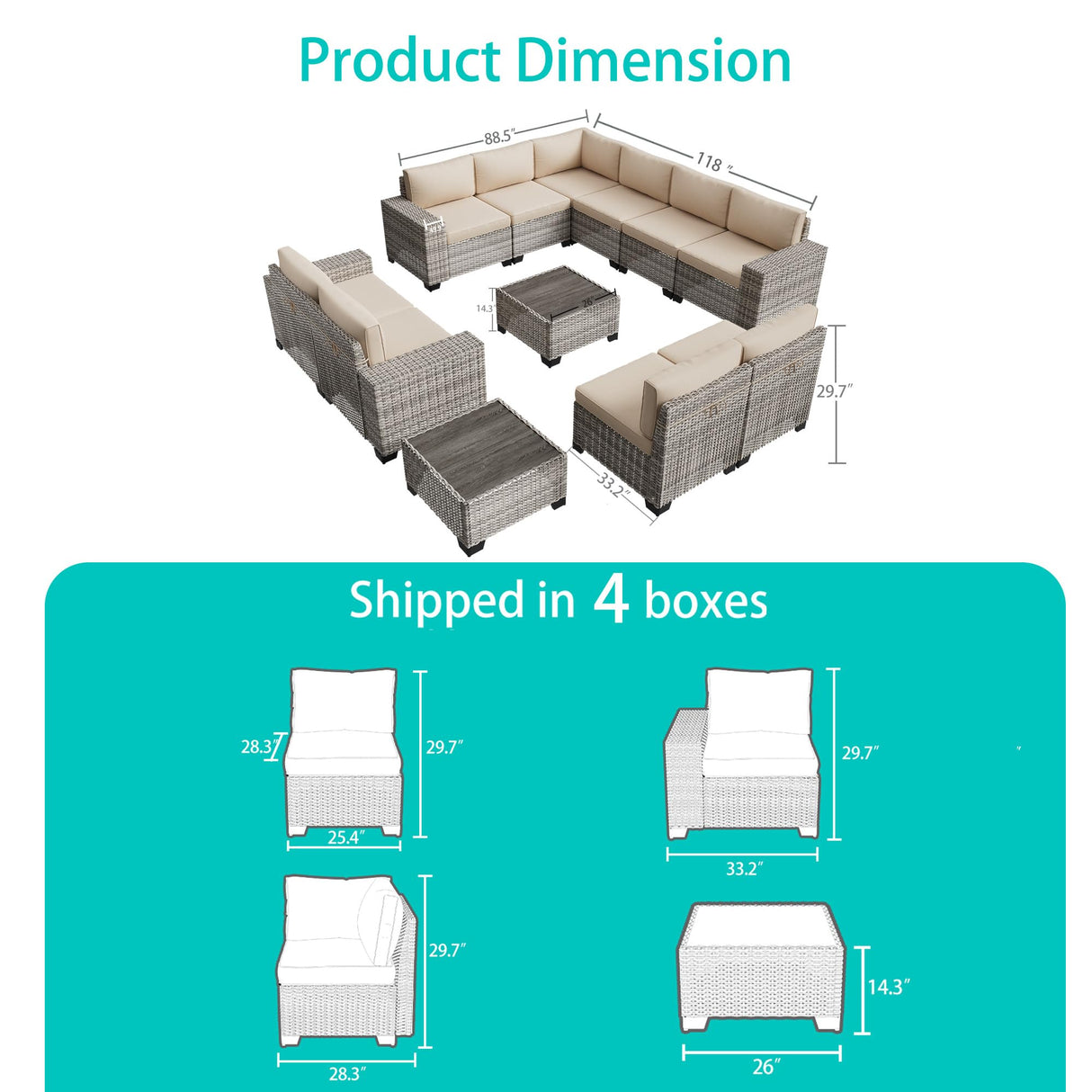 Muphyers 12-Piece Outdoor Patio Furniture Set Wicker Sectional Sofa Set, Patio Conversation Set with Thickened Cushions & Coffee Table for Garden, Backyard, Poolside, Sand Muphyers