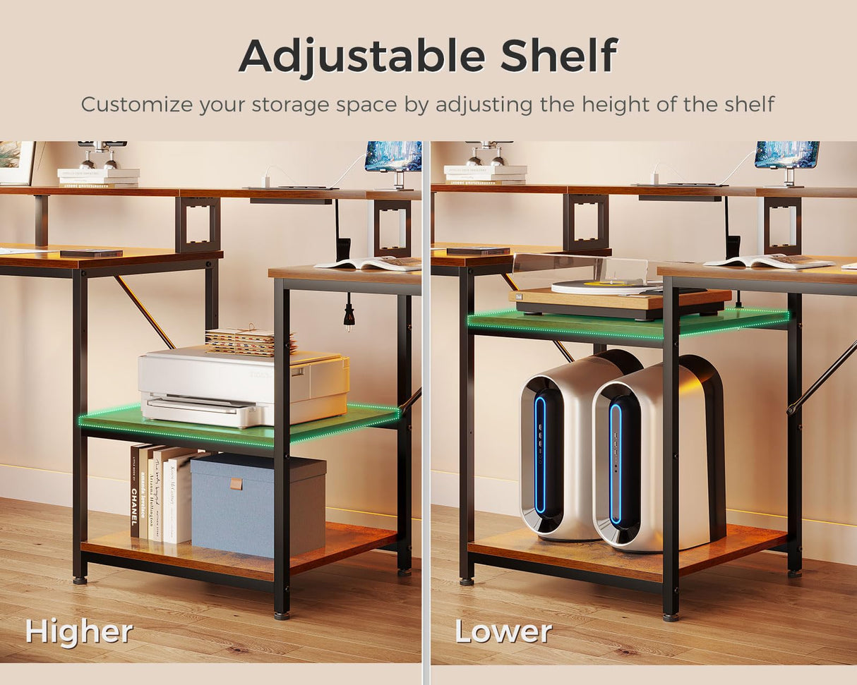 Coleshome 98" Home Office Computer Desks with Storage Shelves- 2 Person Writing Desk with LED Lights & Power Outlet, Long Two Person Desk with Monitor Stand, Double Study/Work Table Workstation, Brown Coleshome