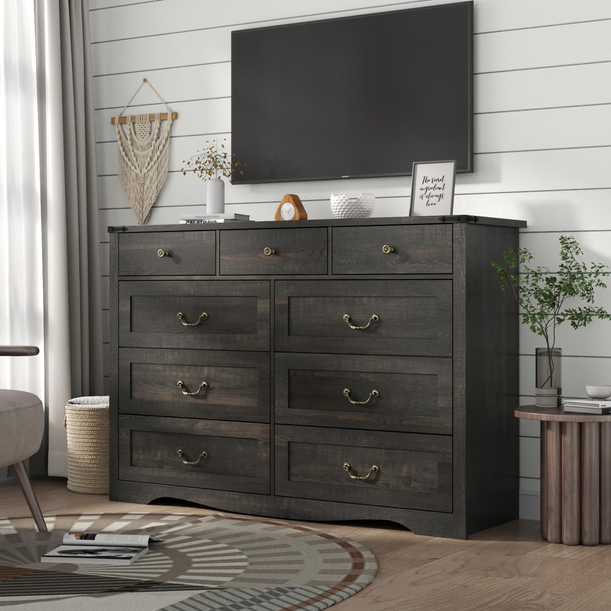 Gyfimoie Farmhouse 9 Drawers Dresser for Bedroom, Chest of Drawers with Natural Texture, Accent Storage Cabinet for Closet,Living Room (Dark Rustic Oak) Gyfimoie