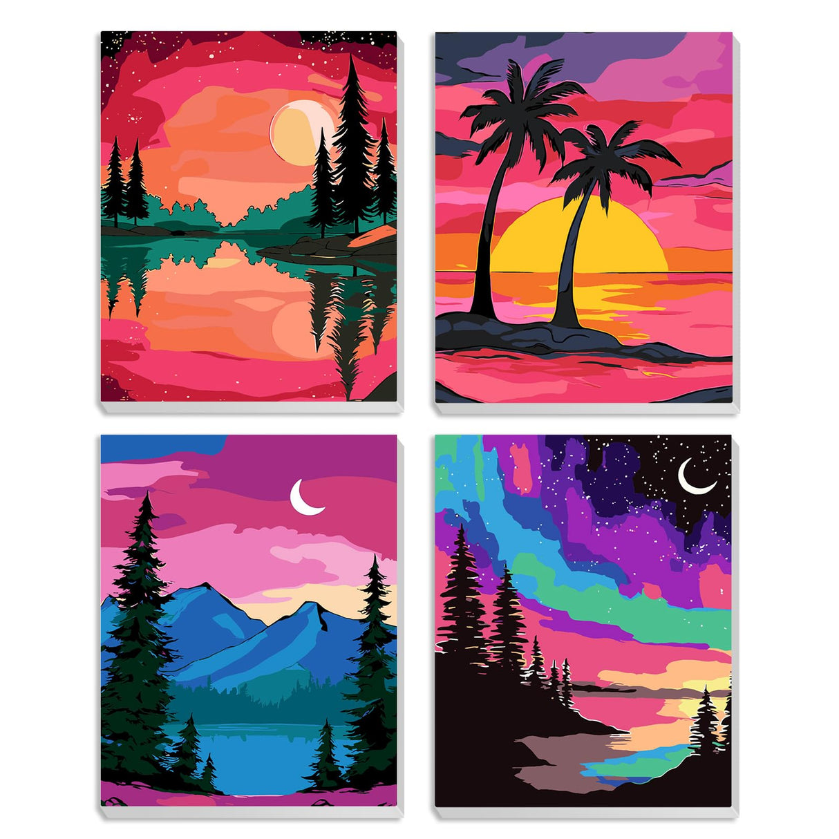 MXJSUA 4 Pack Moonlight Mountain Lake Framed Paint by Numbers Kit with Canvas for Adults Beginner, DIY Acrylic Oil Painting Kits with Brushes for Home Wall Decor Gift (8x10 inch) MXJSUA