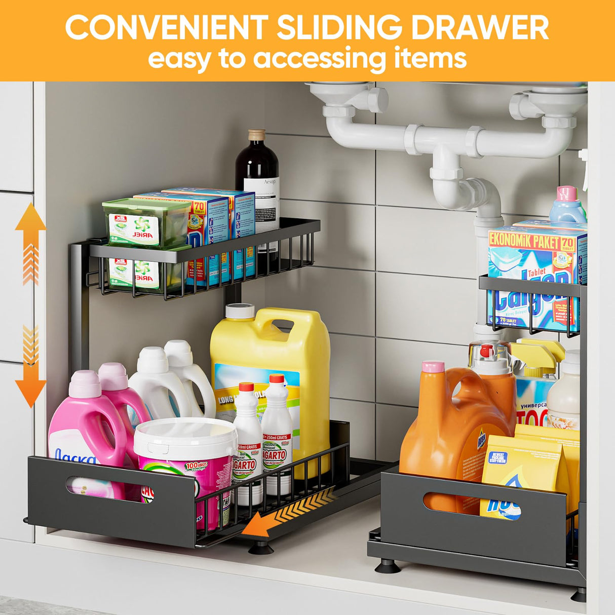 2 Pack Under Sink Organizer Storage 2-Tier Premium Metal Pull-Out Racks, Height Adjustable, Easy Installation | Kitchen & Bathroom Organizers Saydear
