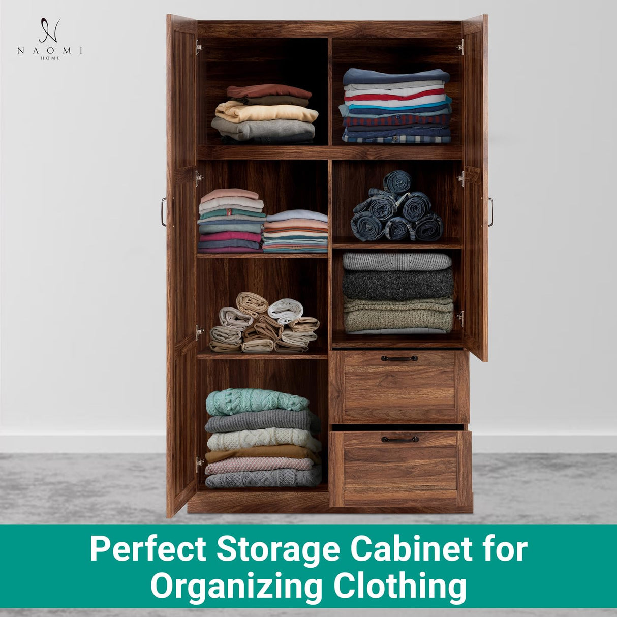 Naomi Home Storage Cabinet with 2 Barn Doors, 2 Drawers & Adjustable Shelves – Tall Wardrobe Closet Armoire for Bedroom, Living Room, or Utility Space – Brown Oak Finish Naomi Home