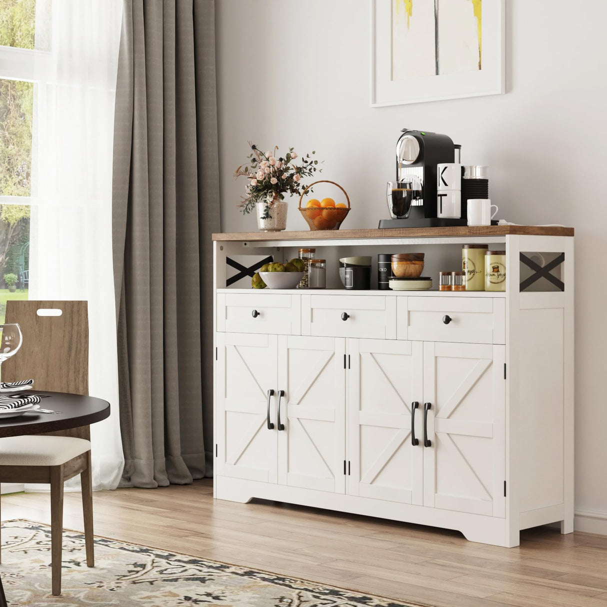 Befrases Farmhouse Buffet Cabinet with Drawers & Open Shelf, Sideboard Storage Cabinet, Kitchen Hutch Pantry, Wood Coffee Bar Station Cabinet for Kitchen, Dining Room, Hallway, 52" L White Befrases