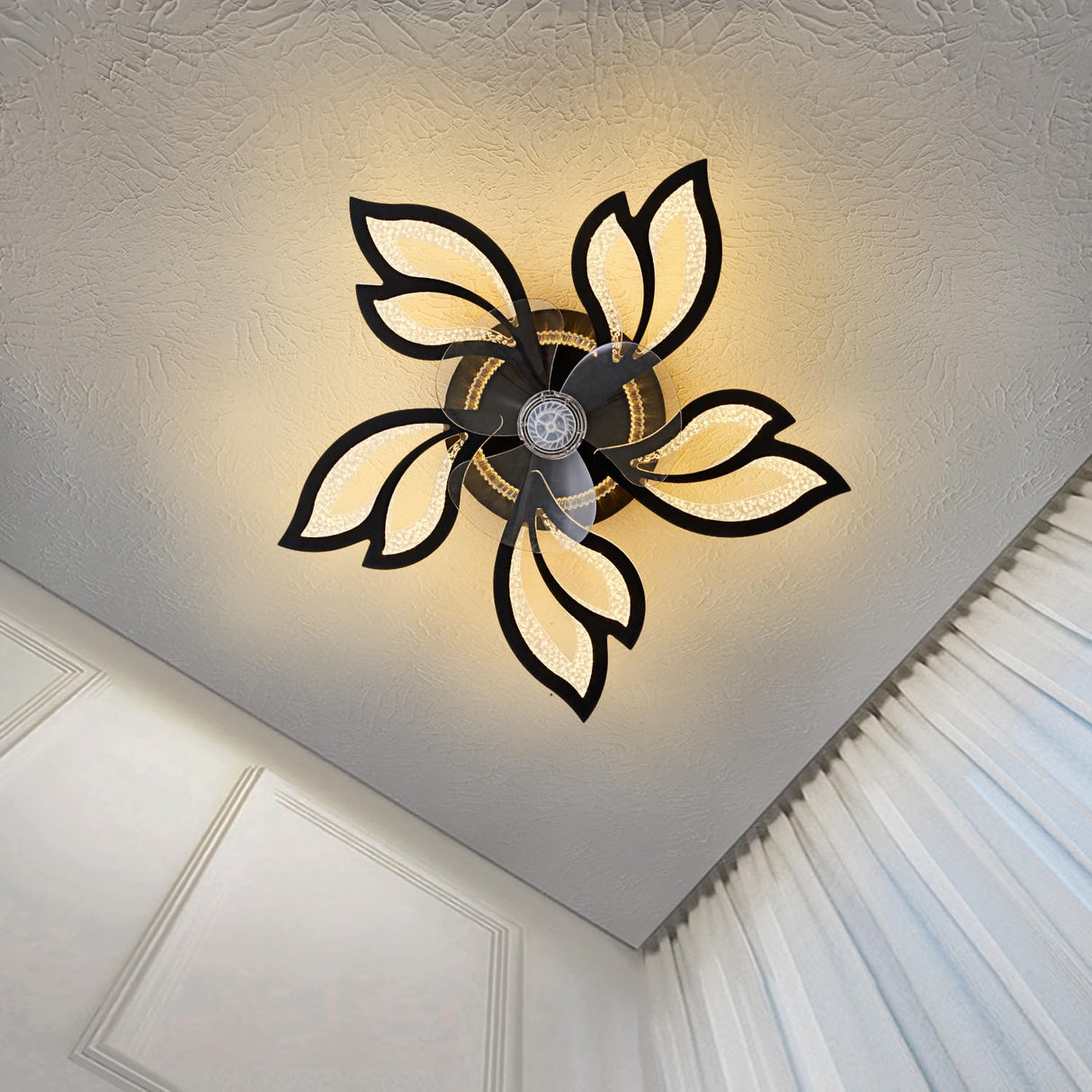 haodengshi 25" Ceiling Fan with Lights and Remote Control, Black Geometric Ceiling Fan with Lights, 3 Light Color 6 Speeds Flush Mount Low Profile Ceiling Fan for Bedroom Kitchen haodengshi