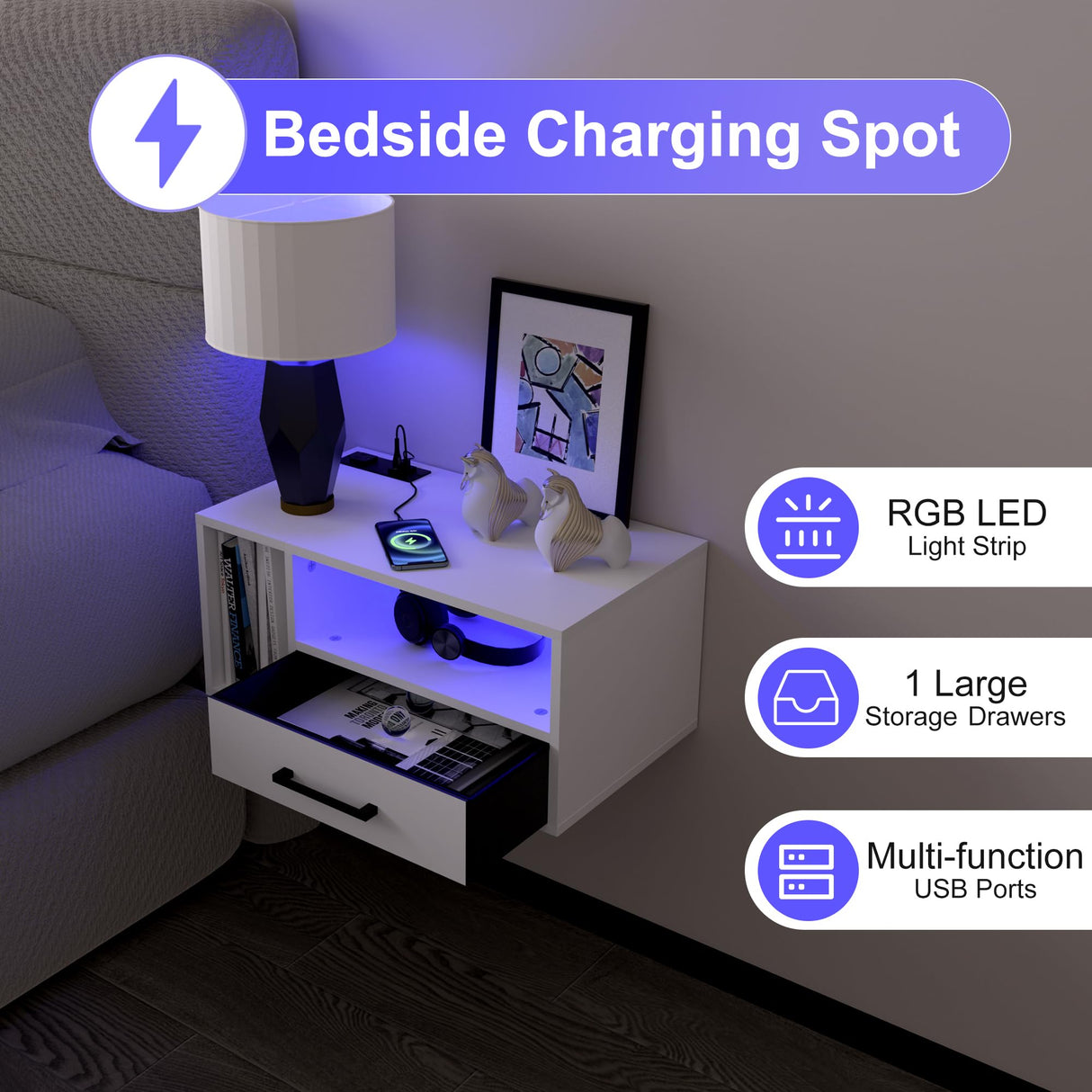 Homaterial Floating Nightstand with Charging Station and LED Lights, Floating Bedside Table with Drawers Wall Mounted Nightstands,for Bedroom Room, 21.3" x 11.8" x 10",White Homaterial