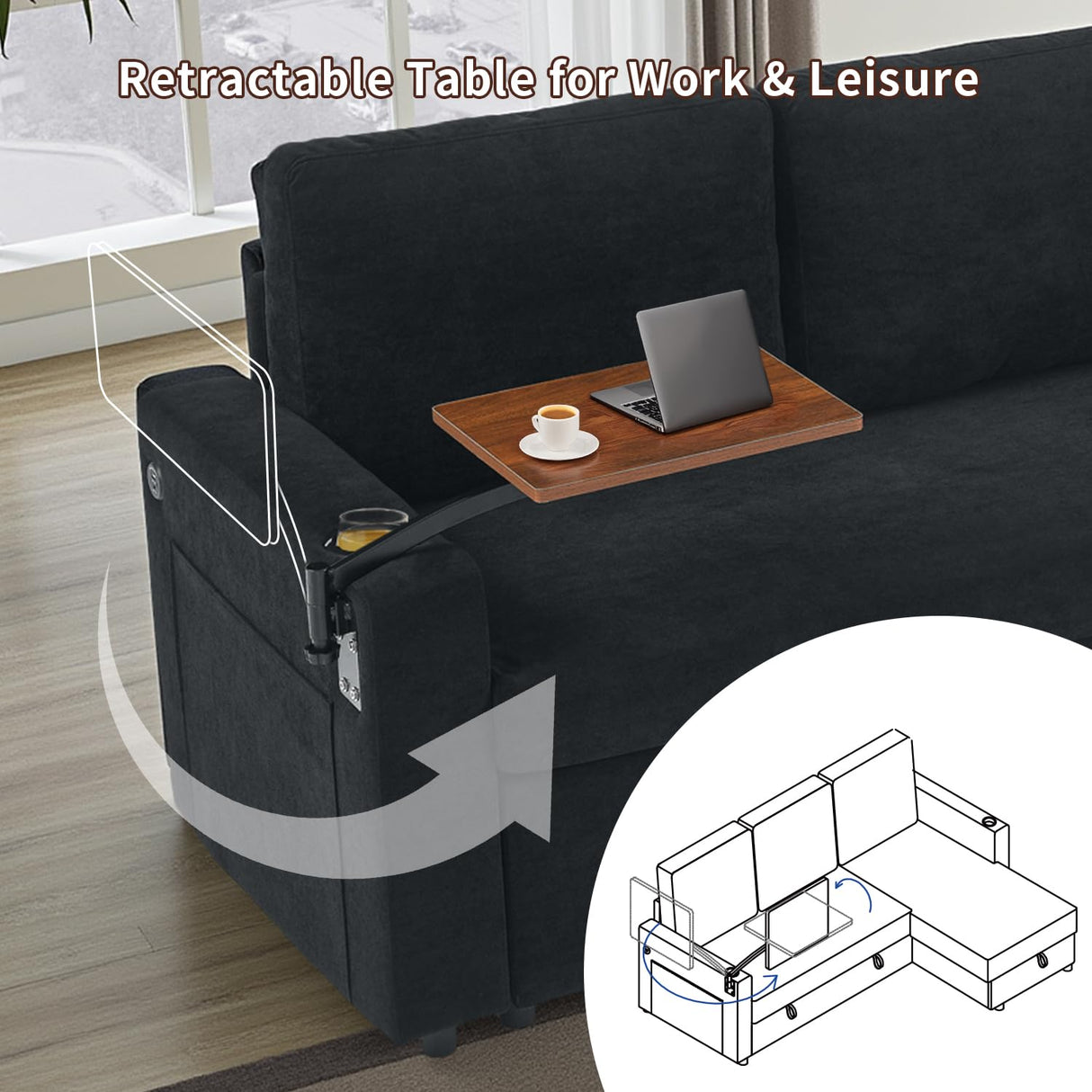 VOHOBY Sleeper Sofa Bed, 85” Pull Out Couch for Living Room with Reversible Storage Chaise,3 in 1 Sofa Couch with Retractable Table | Charging Station | Cup Holder | LED Lighting, Chenille (Black) VOHOBY