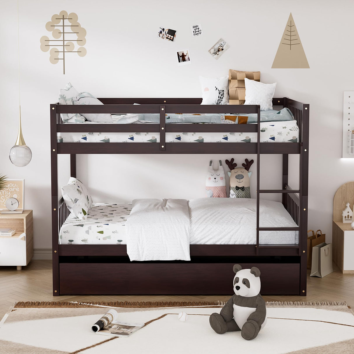 WIILAYOK Full Over Full Bunk Bed with Trundle, Convertible to 2 Full Size Platform Bed, Bunk Bed with Ladder and Safety Rails for Teens, Adults, Brown WIILAYOK