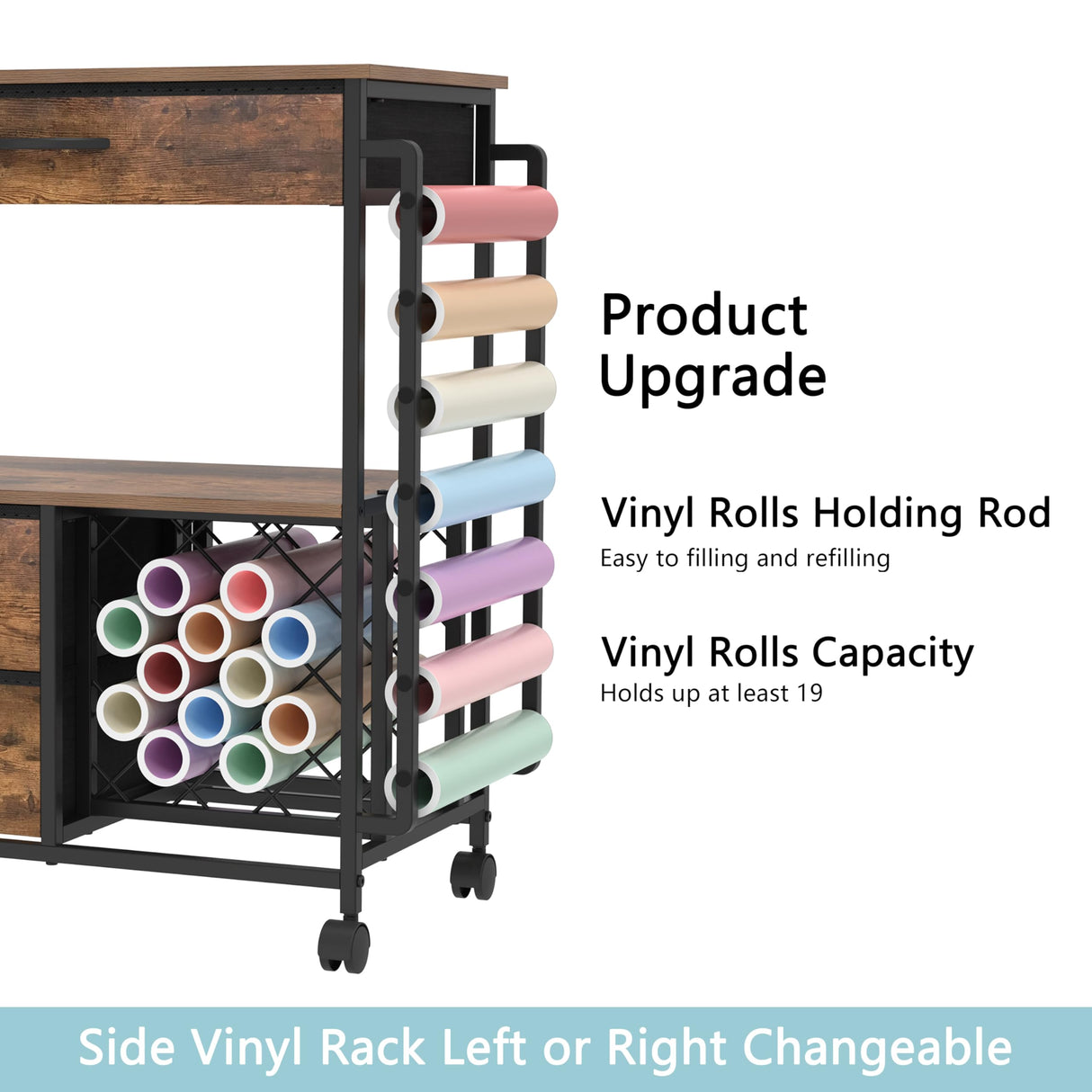 VENNQD Storage Cart Compatible with Cricut Machines Stand Cutting Machine Stand with Drawers and Vinyl Roll Holder Rolling Craft Cabinet Table for Cricut Craft Workstation (Rustic Brown) VENNQD