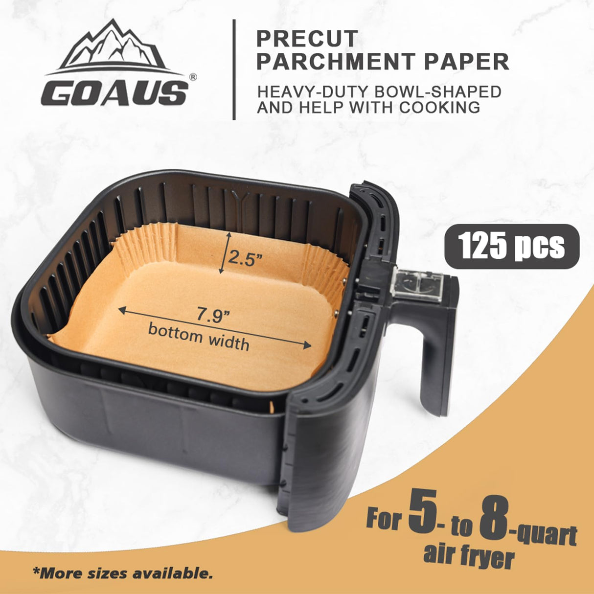GOAUS Air Fryer Square Paper Liners Disposable Large for 5 to 8 Qt Basket, 7.9 inch Unbleached Non-stick Oil-proof Parchment Paper GOAUS