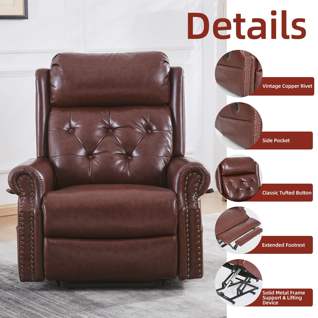 RUTOX Large Power Lift Recliner Chair for Elderly, Lay Flat Lift Chair with Adjustable Headrest, Leather Recliner Lift Chairs with Massage and Heat,Infinite Position, Extended Footrest, Brown RUTOX