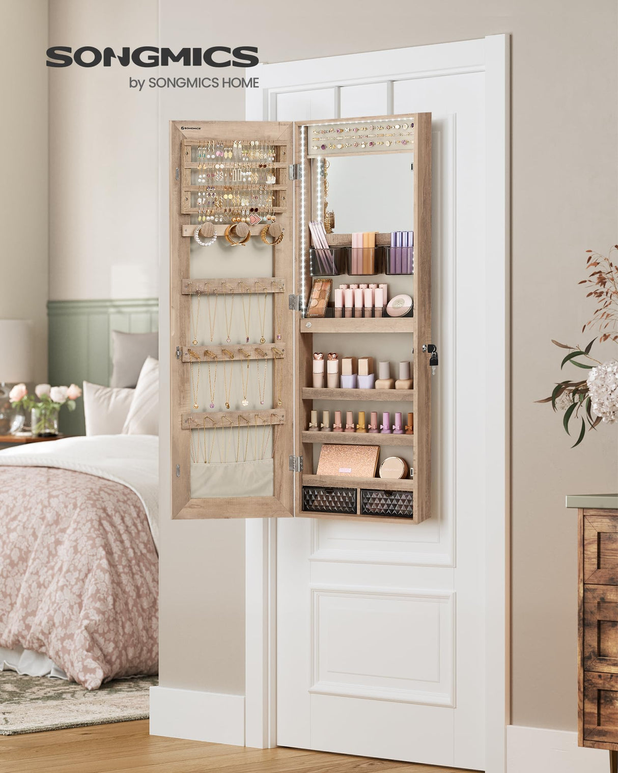 SONGMICS Jewelry Cabinet Armoire Organizer with LED Lights, Wall-Mounted Storage Cabinet with Full-Length Frameless Mirror, Built-in Makeup Mirror, 2 Drawers, Lockable, Camel Brown UJJC013N01 SONGMICS
