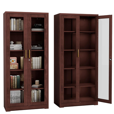 Kubohogar Display Cabinet with Glass Doors,71" Metal Curio Cabinets with 4 Adjustable Shelves, 5 Tier Display Case for Collectibles, Metal Storage Cabinet, Brown