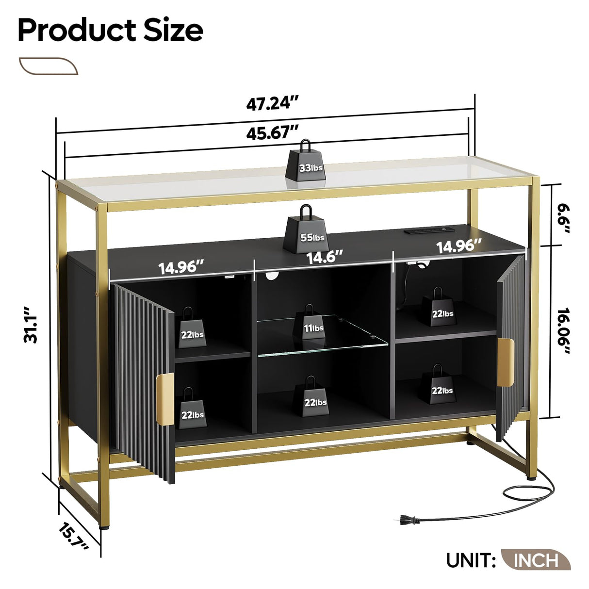 Bestier Coffee Bar Cabinet with Power Outlet, 47" Modern Buffet Cabinet with Storage, Glass Shelves, and LED Light, Fluted Bar Cabinet with Door for Living Room, Bedroom, Classic Black Bestier