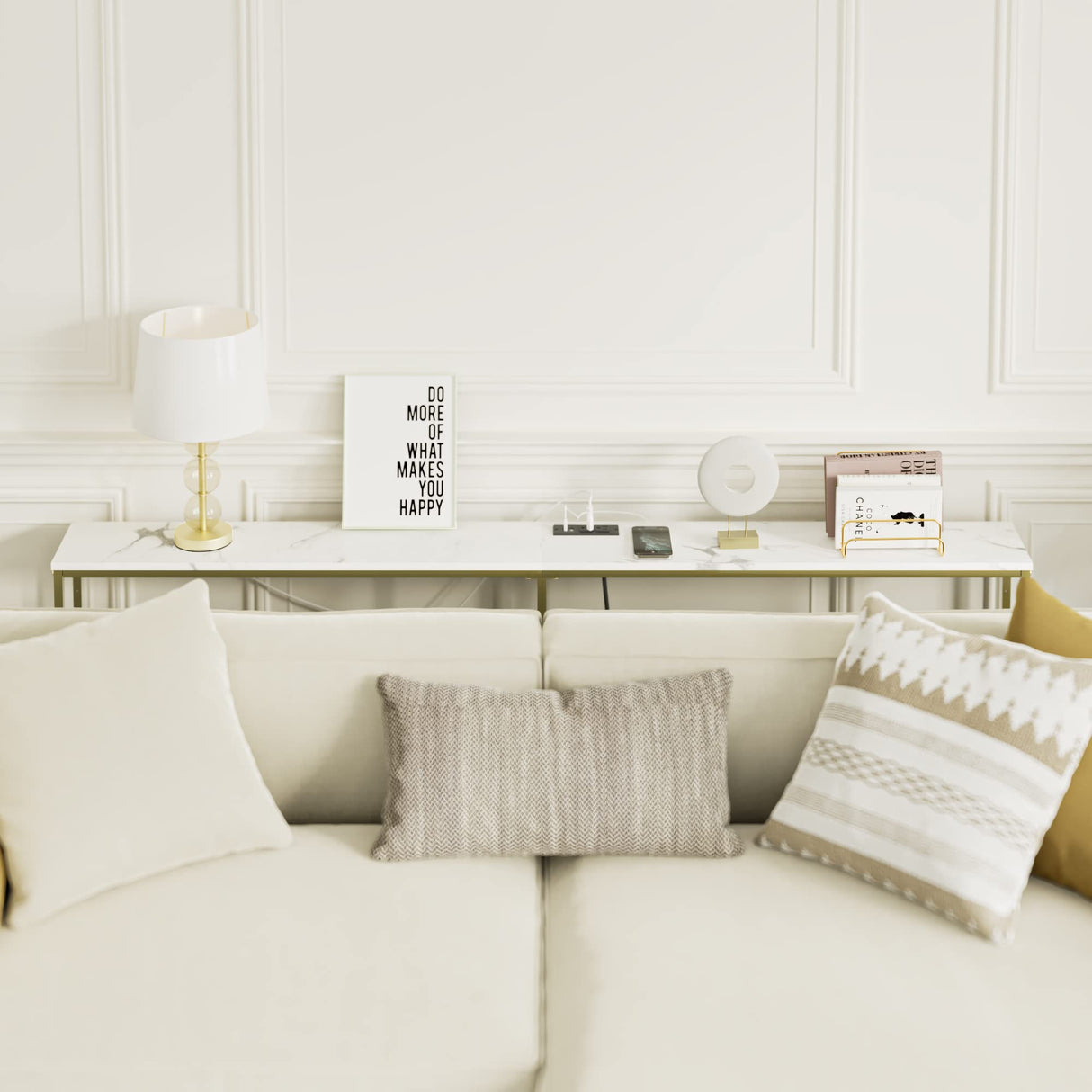 Masupu 70.9 Inch Console Table with Power Outlet,Modern Narrow Long Sofa Table Behind Couch,Skinny Entry Table with Gold Metal Frame for Entryway,Living Room, Hallway,Marble White Masupu